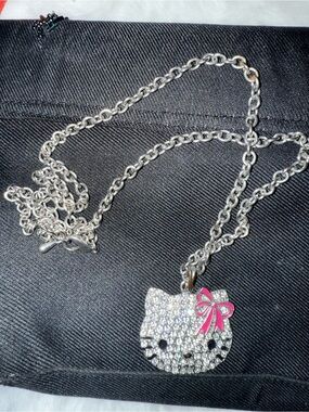 Hello Kitty Silver Crystal Pendant Necklace with Pink Bow Accent